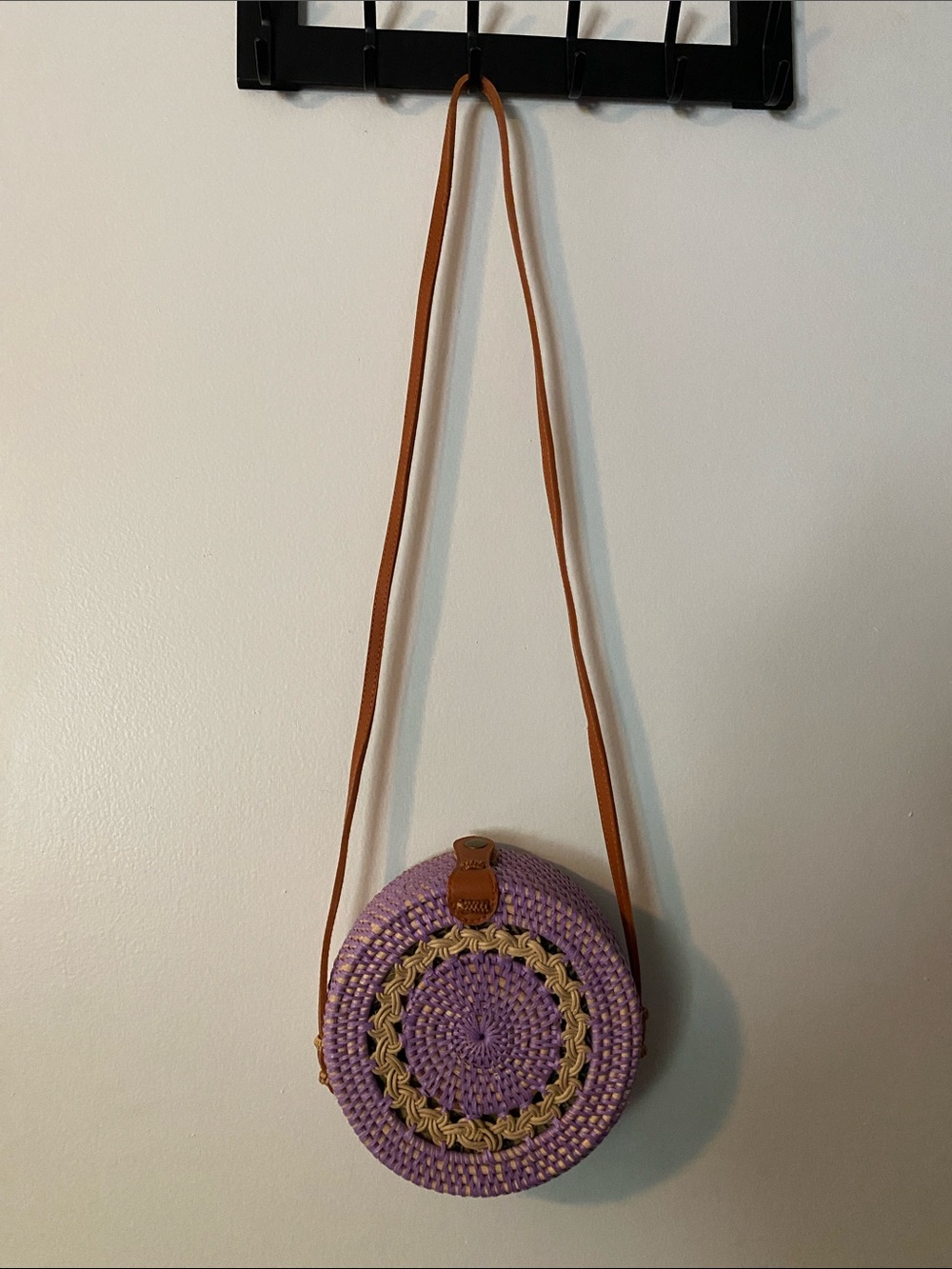 Handmade Purple Round Crossbody Bag with Tan Strap